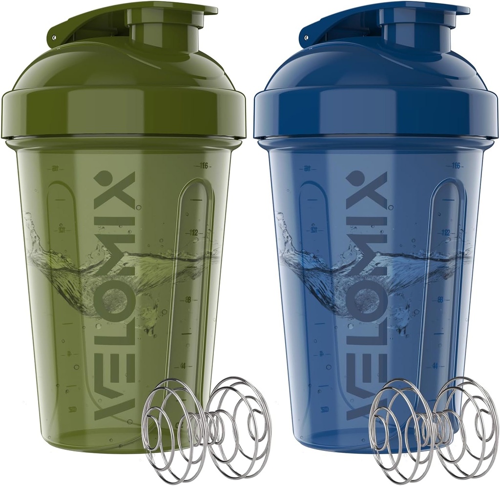 VELOMIX -2 Pack- 20 oz Protein Shaker Bottles for Protein Mixes - 2x Wire Whisk | Leak Proof Shaker Cups for Protein Shakes and Pre Workout | Protein Shaker Bottle Pack (Green/Blue)