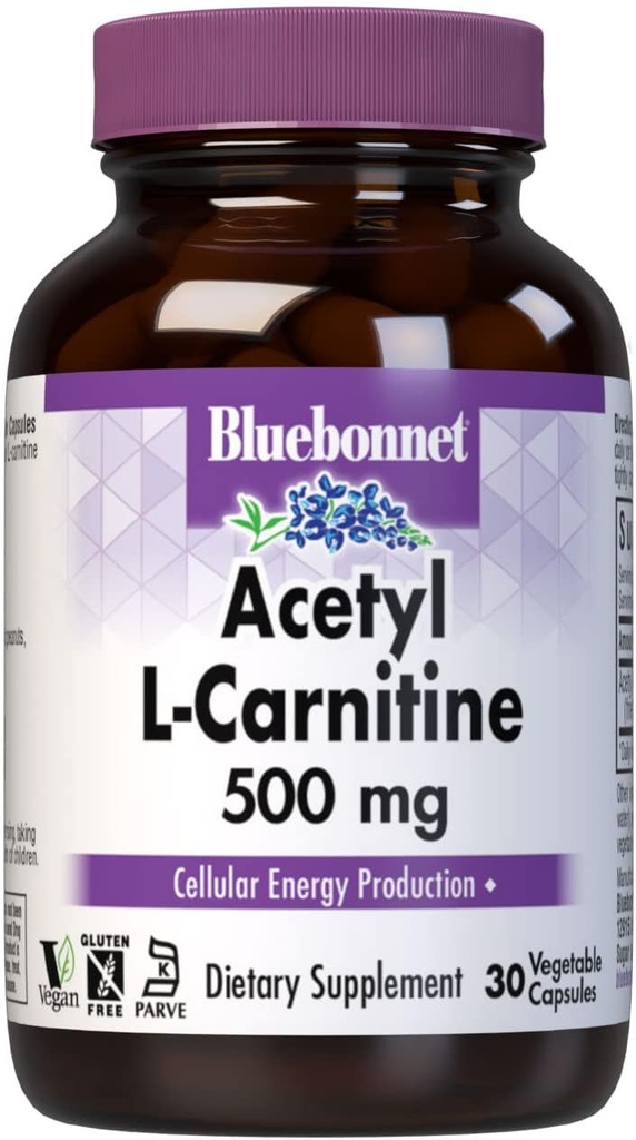 Bluebonnet Beslenme Acetyl L-Carnitine, Transports Fatty Acids, Boosts Cellular Energy, Soy & Gluten-Free, Kosher sertifikalı, Vegan, 30 Sebze Capsules, White, 500 mg