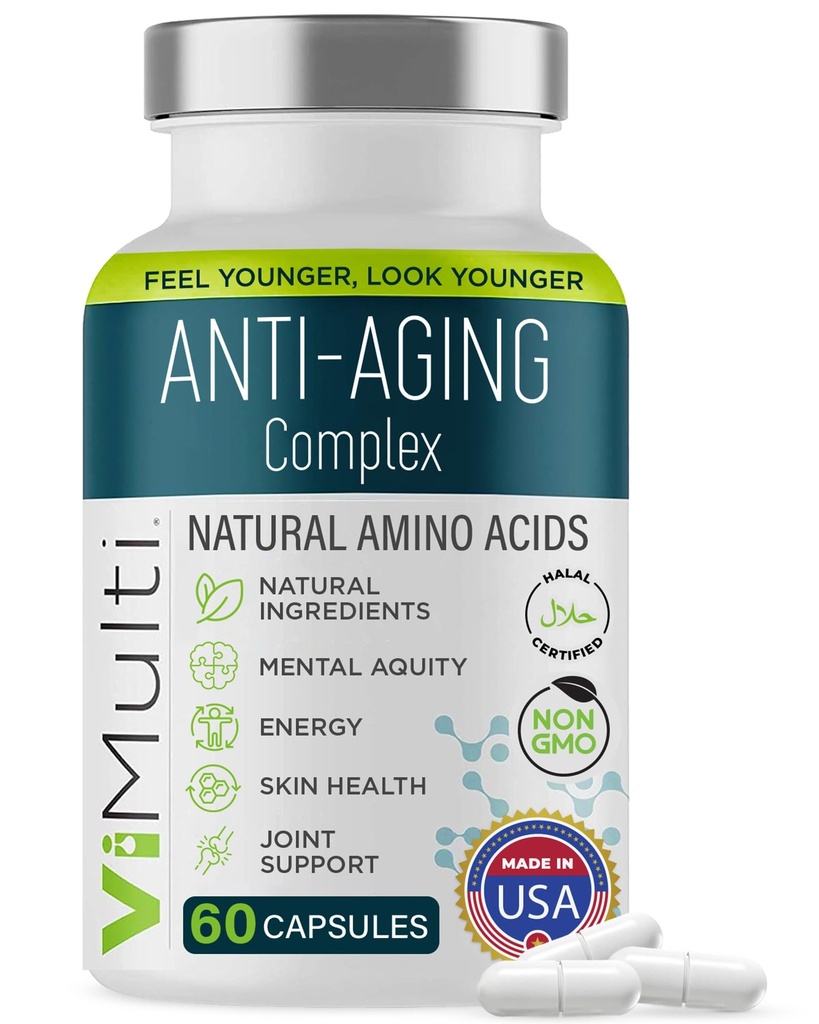 Kadınlar ve Erkekler için Doğal Amino Asits Supplement - Destekler Immune Health, Energy, Smoother Skin Tone, & Restorative Sleep, Anti-Aging Supplement Pills for Longevity, 60 Capsules