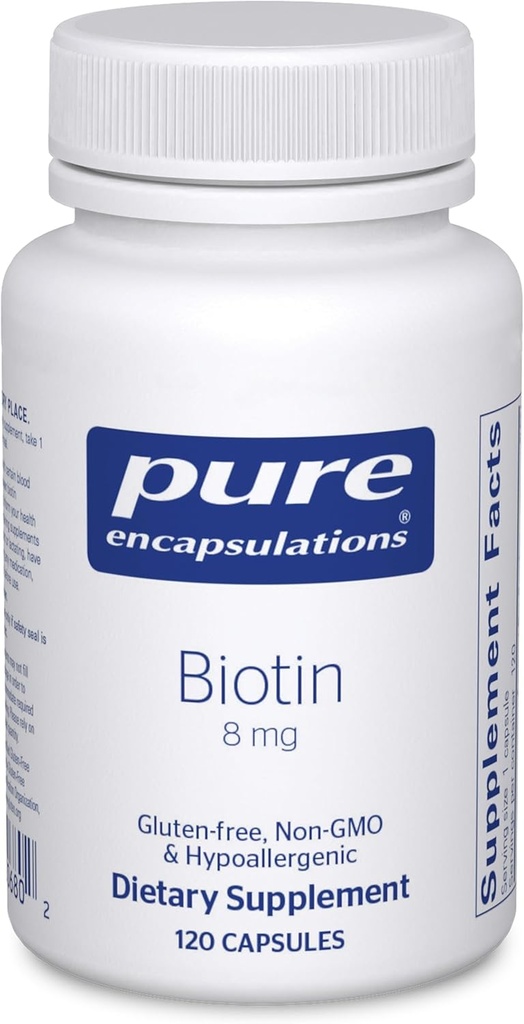 Pure Encapsulations Biotin 8 mg - B Vitamin Supplement to Aid Stress Relief, Hair, Skin & Nail Güçlendirme, Metabolism, Carbohidrat Destek & Nervous System* - Premium Biotin - 120 Capsules