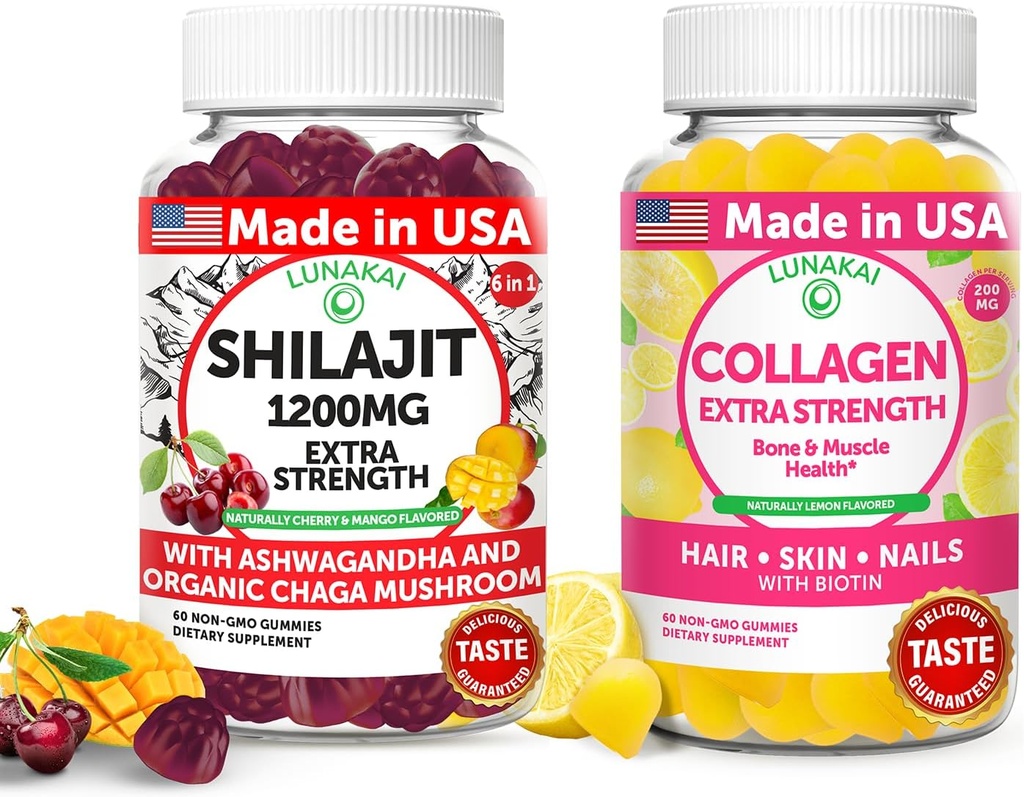 Lunakai USA Shilajit & Collagen Ekstra Güçlü Gummies Sche – Enerji, Saç, Cilt ve Çiçek Desteği – Delicious & Non-GMO
