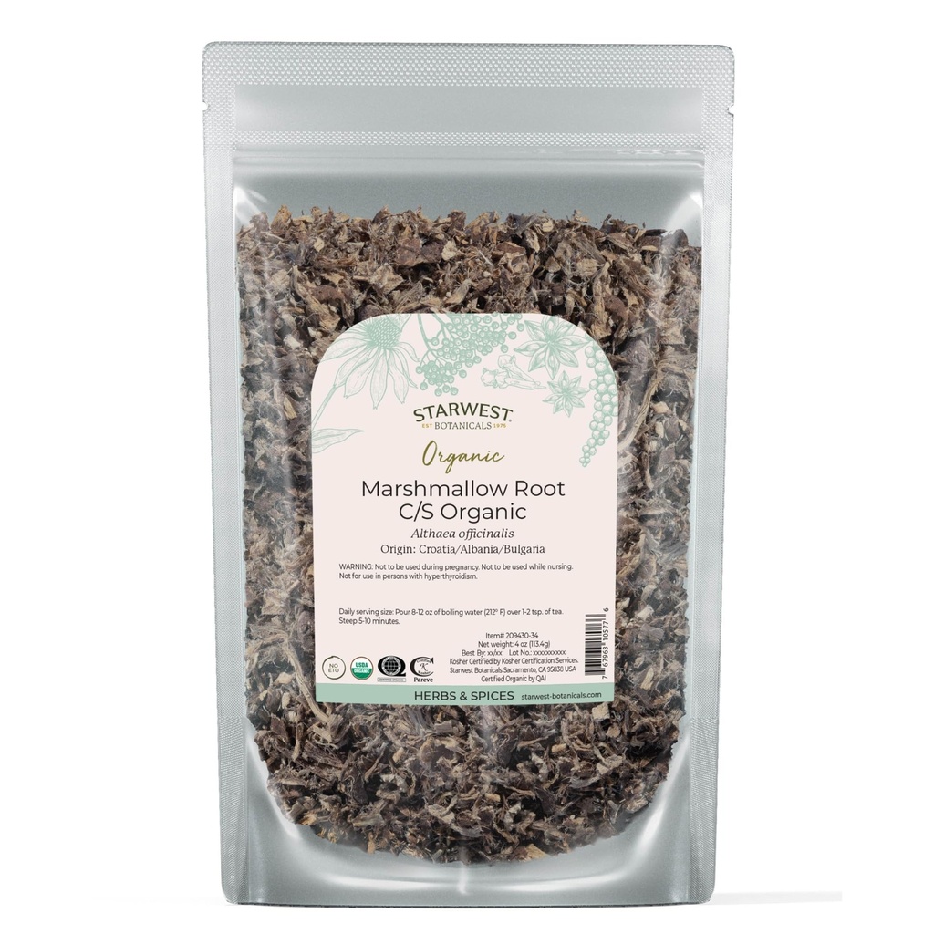Starwest Botaniks Organik Marshmallow Root - Tea için herb, Loose Leaf Root Herb, Cut & Sifted, Sertifikalı Kosher, Non-GMO - 4 oz Pouch