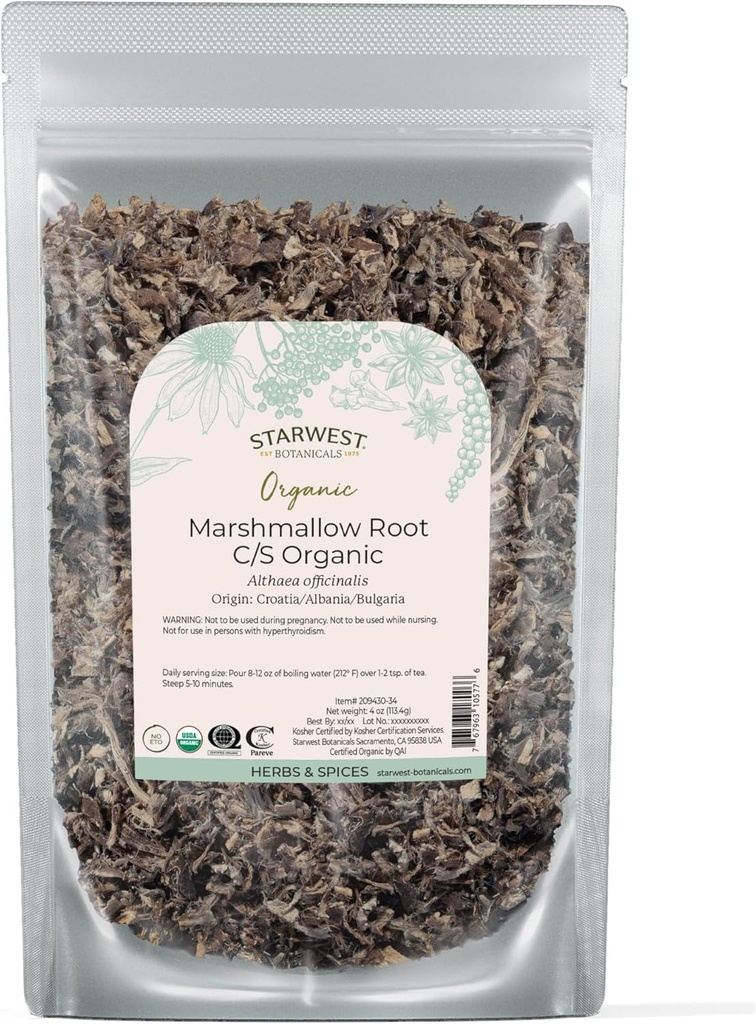Starwest Botaniks Organik Marshmallow Root - Tea için herb, Loose Leaf Root Herb, Cut & Sifted, Sertifikalı Kosher, Non-GMO - 4 oz Pouch