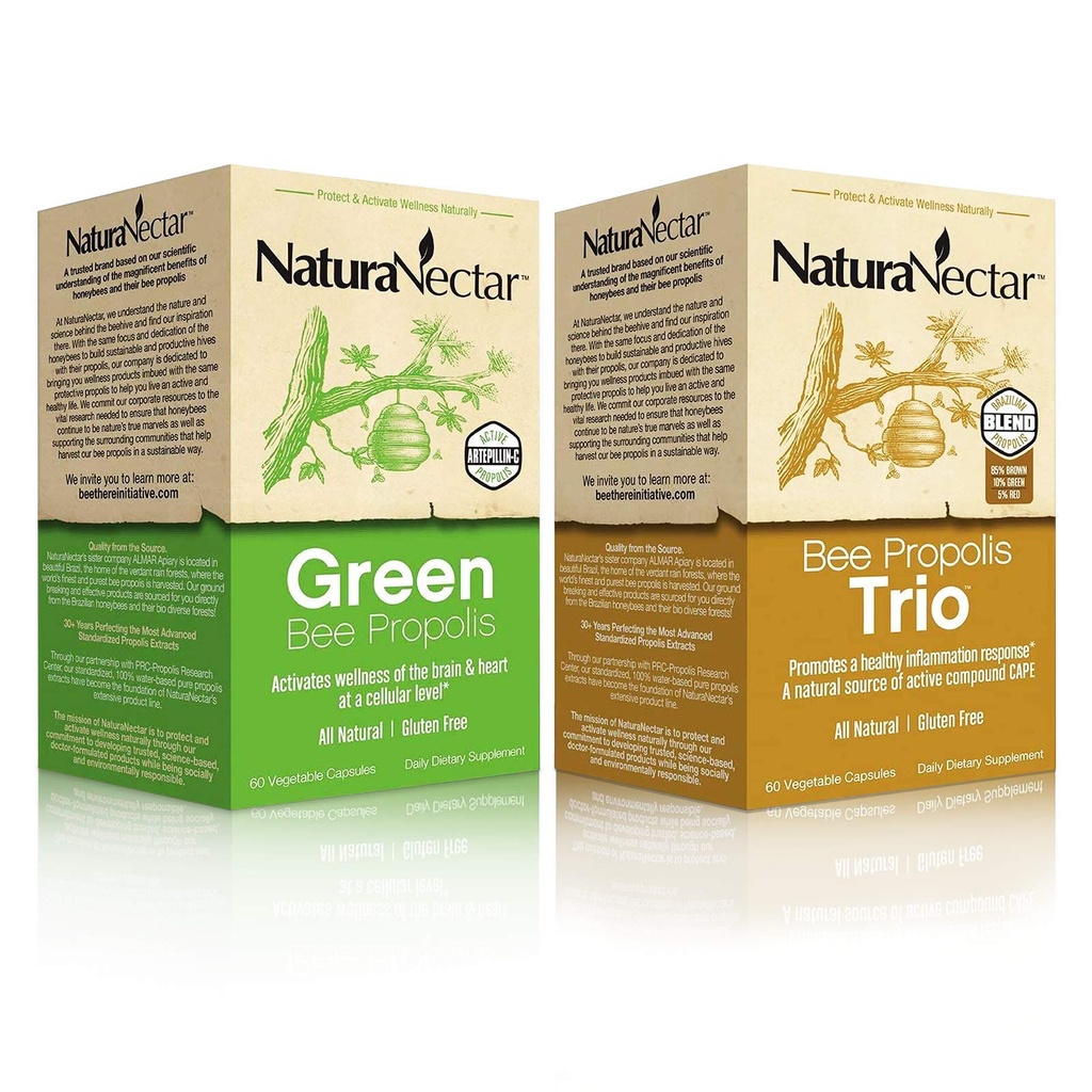 NaturaNectar Natural Bee Propolis Sche - Trio ve Green Propolis - Immune, Memory ve Focus Support * - Şişe başına 60 Capsules