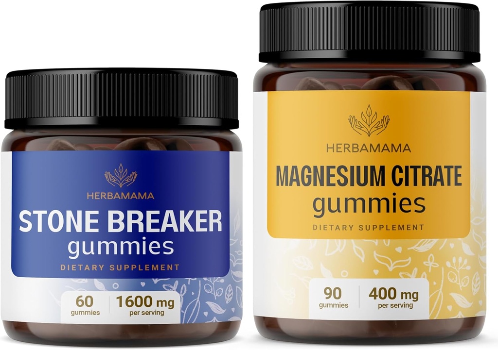 HERBAMAMA Stone Breaker ve Kit - 1600 mg Chanca Piedra & 400 mg Magnezyum Citrate Gummies - Vegan, Non-GMO, Gelatin-Free - 2 Pack Kit - Sche of 1600 mg Chanca Piedra & 400 mg Magnezyum Citrate Gummies - Vegan, Non-GMO, Gelatin-Free - 2 Pack Kit