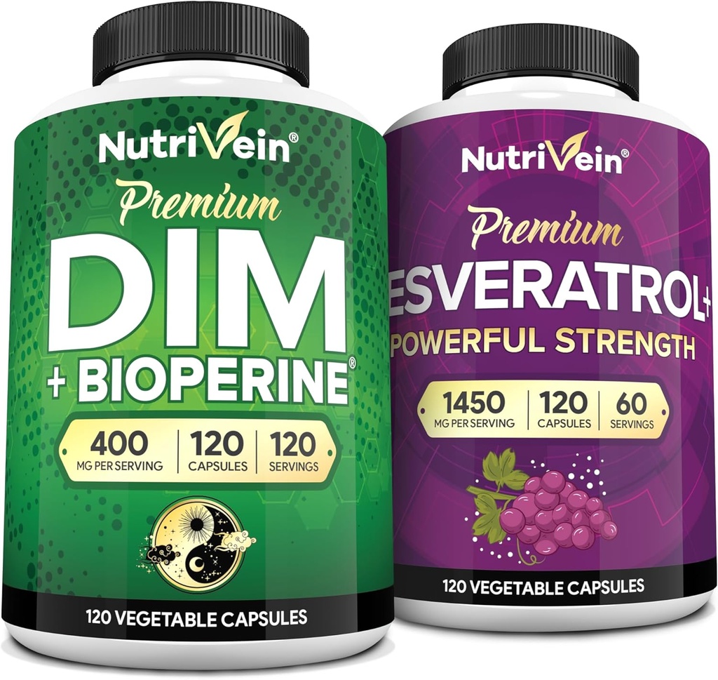 Nutrivein Premium Resveratrol Capsules ve DIM Supplement Sche: High-Abions Resveratrol Tamam ve DIM for Recovery, Balance ve Vitality