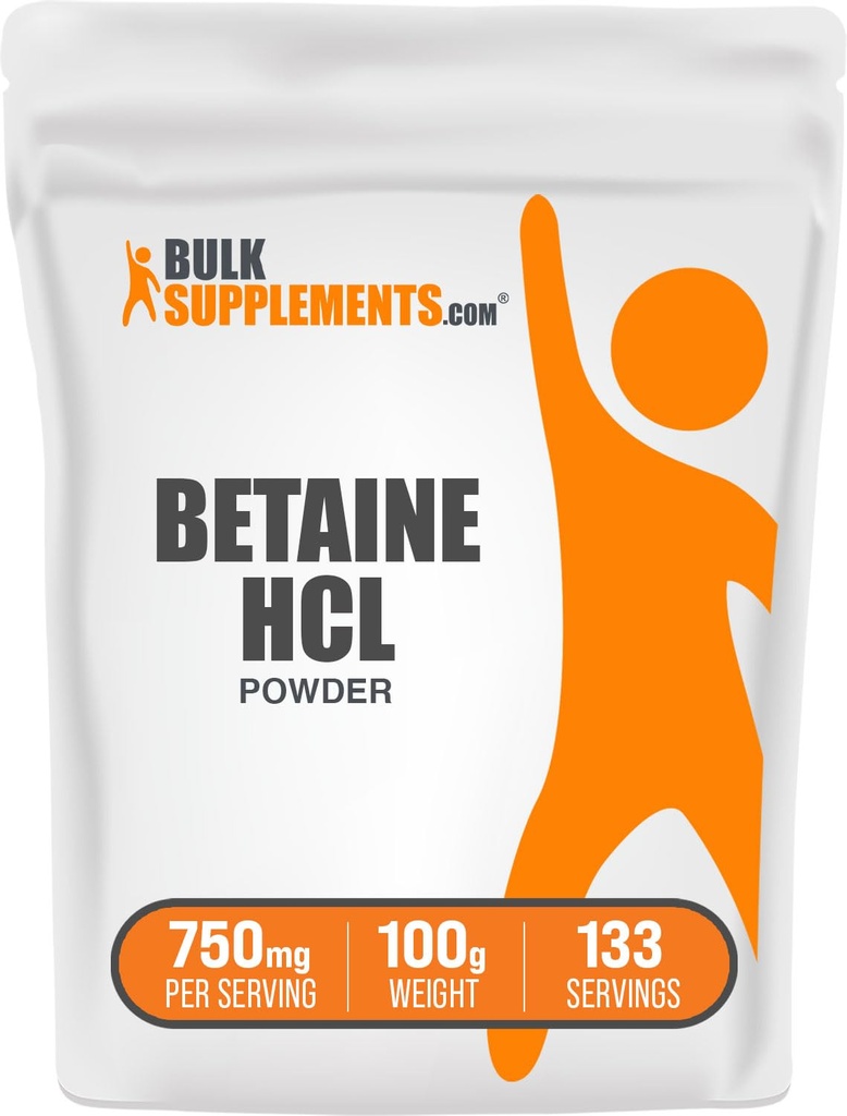 BulkSupplements.com Betaine HCl Powder - Συμπλήρωμα υδροχλωρικού βεταΐνης, Υποστήριξη Digestive - Χωρίς γλουτένη, 750mg ανά Σερβίρισμα, 100g (3, 5 oz) (πακέτο του 1)