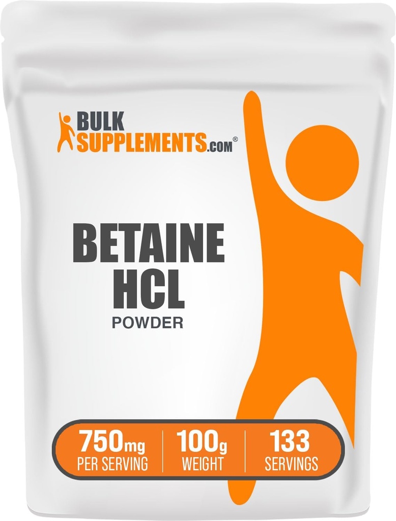 BulkSupplements.com Betaine HCl Toz - Betaine Hydrochloride Supplement, Digestive Support - Gluten Free, 750 mg per Service, 100g (3.5 oz) (Pack of 1)