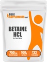 BulkSupplements.com Betaine HCl Toz - Betaine Hydrochloride Supplement, Digestive Support - Gluten Free, 750 mg per Service, 100g (3.5 oz) (Pack of 1)