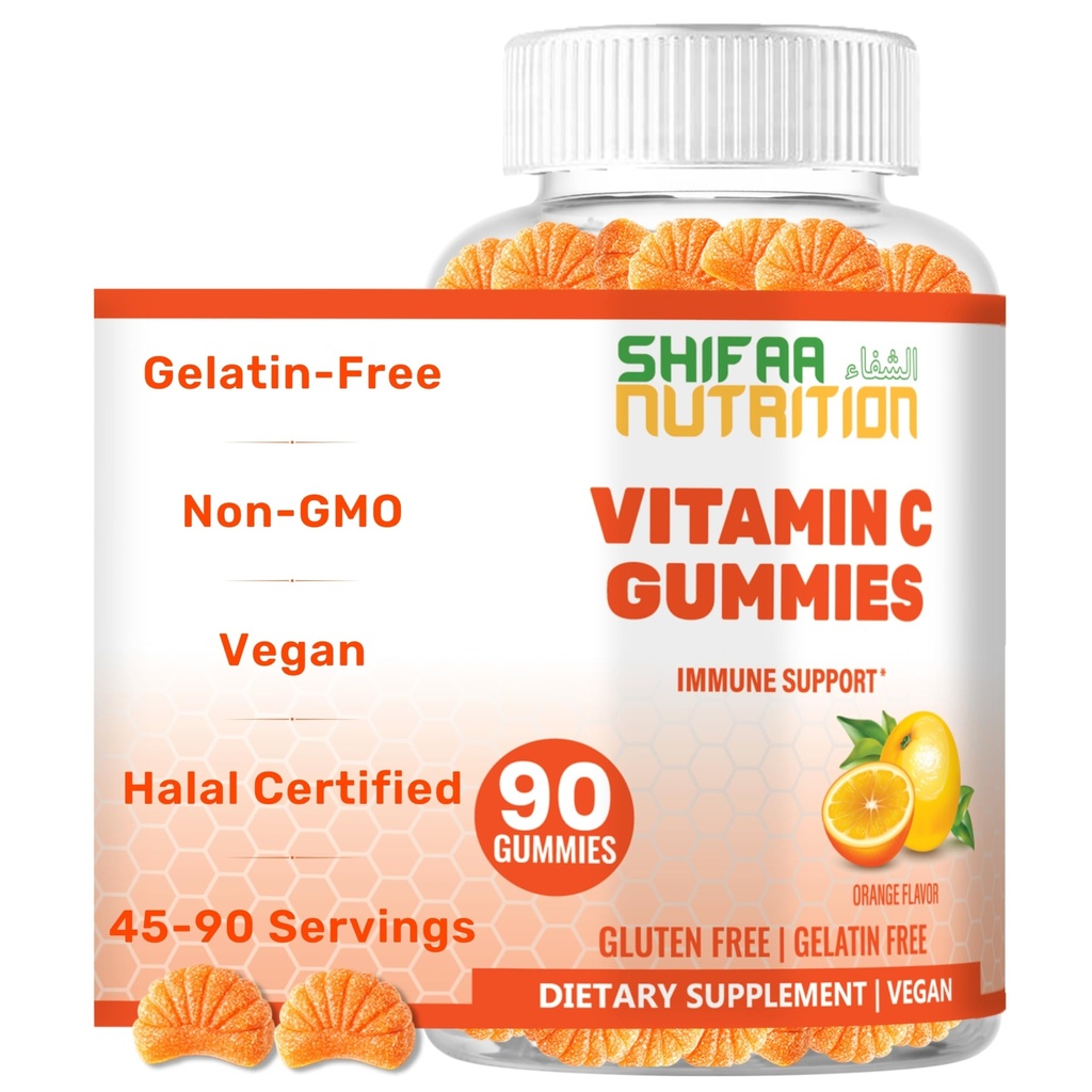 SHIFAA NUTRITION Vegan Vitamin C Gummies | 90 Gummies, 250mg 45 Hizmet | No-GMO | Gluten-Free, Gelatin-Free | Immune Support Gummies & Season Support for Kids & Yetişkinler Halal Vitamins