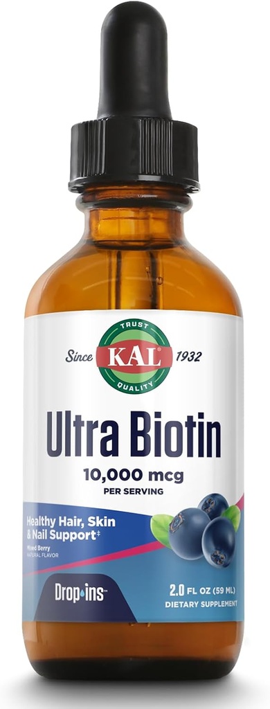 KAL Ultra Biotin 1000006 DropIns, Liquid Biotin Drops, Saç Büyüme Tamam, Yüksek Potency Vitamin B7, Sağlıklı Saç, Skin, Nails ve Enerji Desteği, Doğal Karışık Berry Flavor, Approx. 59 Serv, 2oz