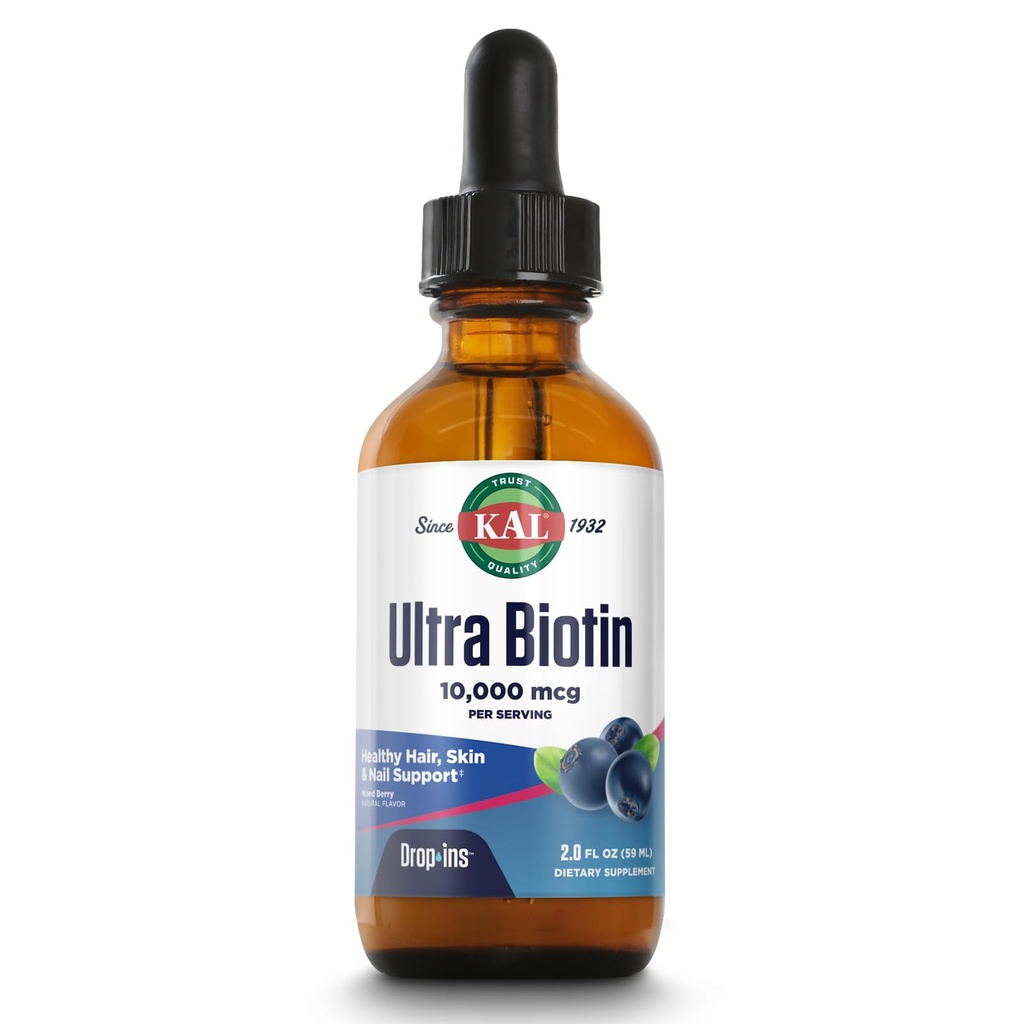 KAL Ultra Biotin 10000mcg DropIns - Liquid Biotin Drops for Hair, Skin, & Nails for Women & Men, High Potency Vitamin B7, Natural Mixed Berry Flavor - 2 fl oz (Approx. 59 Servings)