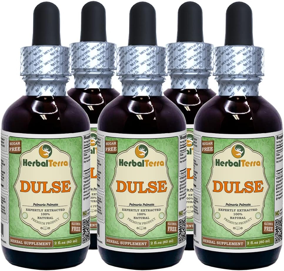 Dulse (Palmaria Palmata) Glycerite, Organik kuru Alkol Özgür Sıvı Ekstraksiyonu (Brand Name: HerbalTerra, Proudly Made in USA) 5x2 fl.oz (5x60 ml)