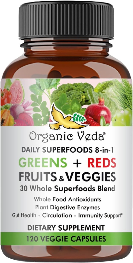 Organik Veda Super Greens Reds Veggies Capsules - 1 Günlük 30 Tüm Organik Superfoods Meyveleri ve Sebzeler Tamam - Papaya Enzymes, Spirulina, Chlorella, Moringa, Beet, Turmeric - 120 Vegan