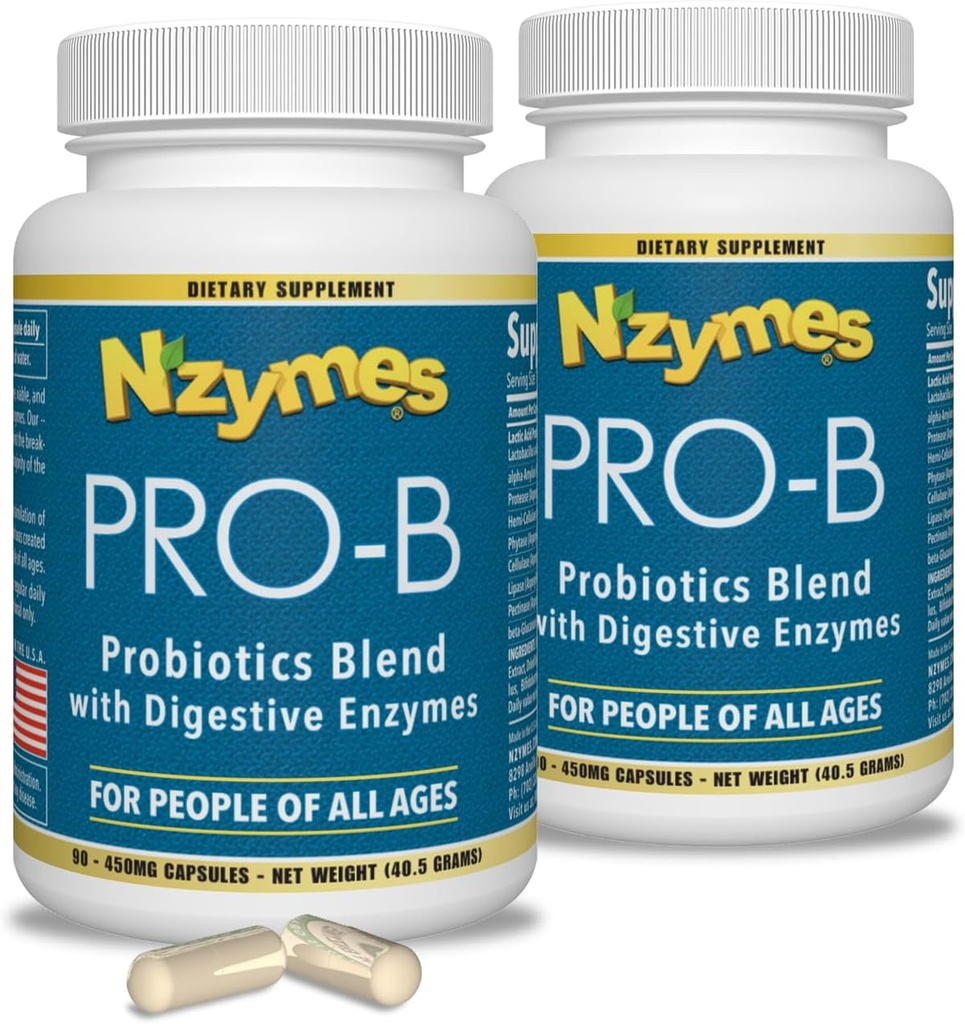 Nzymes® Pro-B Probiotics and Digestive Enzymes for Digestive Balance, Better Digestion, Indigestion, and Constipation (180 Total Caplets) - Made in The USA