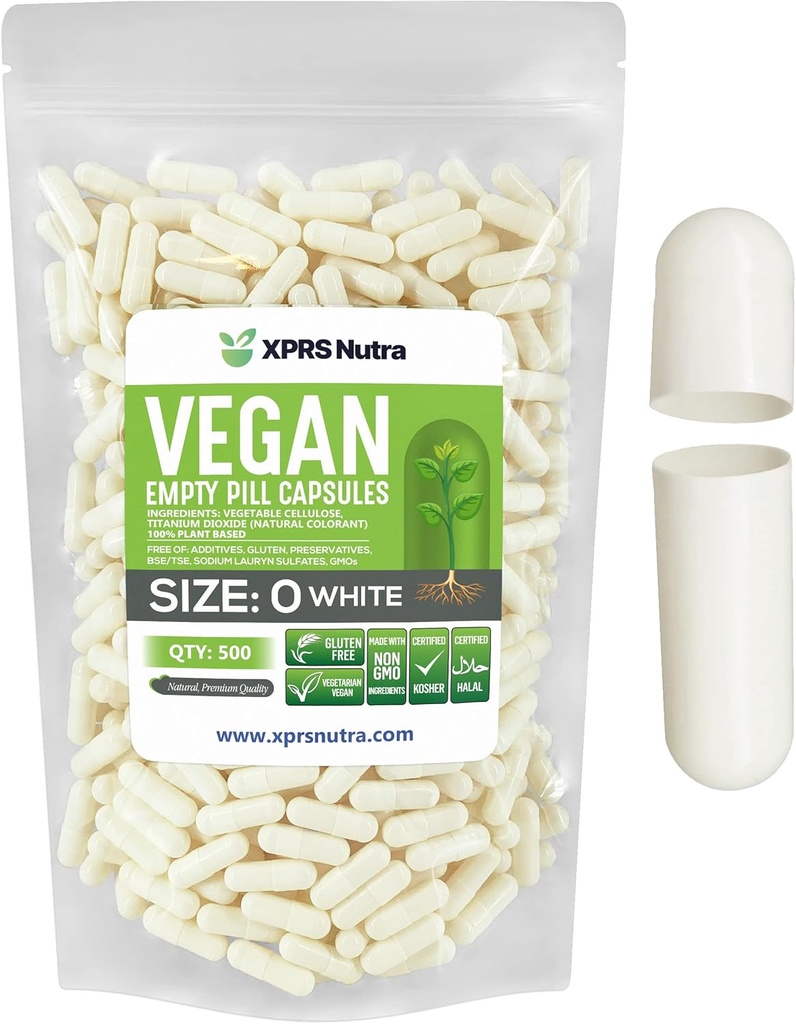 XPRS Nutra Μέγεθος 0 Κενές κάψουλες - 500 Count Empty Vegan Κάψουλες - Χορτοφαγικά Χάπια - DIY Καψάκιο Γέμισμα - Veggie χάπια για Do-It-Yourself Συμπληρώματα (Λευκό)