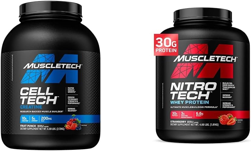 KasTeknoloji Hücre-Teknoloji Krepine Toz & Nitro-Tech Whey Protein Toz Paketi | Kas Builder & Recovery Formula | 6 lbs Kretine & 4 lbs Whey | Strawberry Flavor