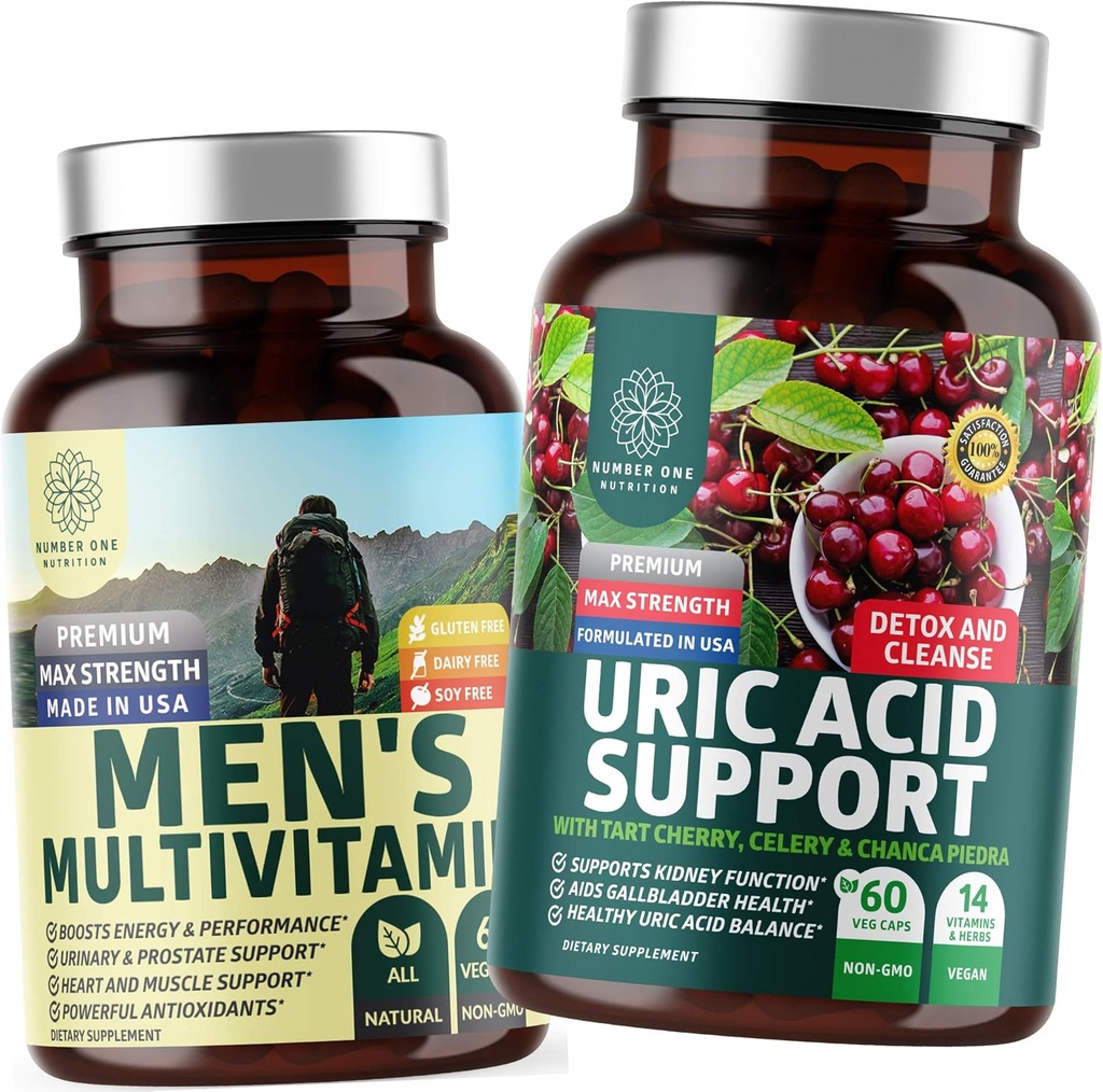 Number One Nutrition N1N Premium Uric Acid Support and Men's Multivitamins, Όλα τα φυσικά συμπληρώματα για την υποστήριξη των ενεργειακών επιπέδων, την υγεία του προστάτη και τις λειτουργίες ούρων, 2 πακέτα