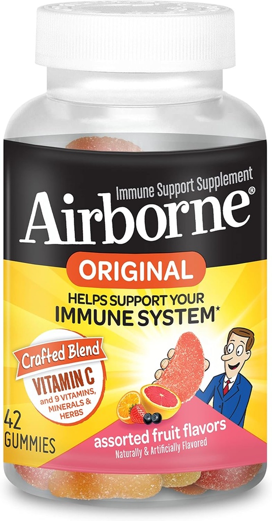 Airborne Vitamin C 750mg (ανά σερβίρισμα) Ποικιλία Φρούτων Γεύσεις Gummies (42 Μετρήστε σε ένα μπουκάλι), Gluten-free ανοσοποιητική υποστήριξη συμπλήρωμα με βιταμίνες A C E, Selenium, Echinacea & Ginger