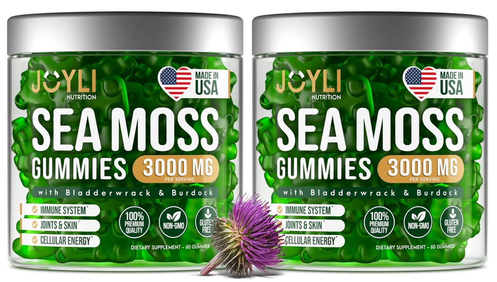 JOYLI Διατροφή 2 Πακέτο - Sea Moss Gummies για ενήλικες & παιδιά – Vegan Irish Sea Moss Συμπλήρωμα με Bladderwrack & Burdock Root – Sugar-Free Ανοσοποιητική Υποστήριξη Συμπληρώματα - 60 Gummy Bears ανά πακέτο