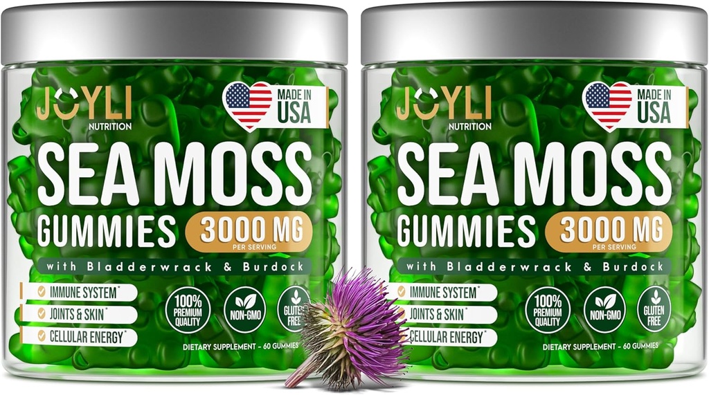 JOYLI Διατροφή 2 Πακέτο - Sea Moss Gummies για ενήλικες & παιδιά – Vegan Irish Sea Moss Συμπλήρωμα με Bladderwrack & Burdock Root – Sugar-Free Ανοσοποιητική Υποστήριξη Συμπληρώματα - 60 Gummy Bears ανά πακέτο
