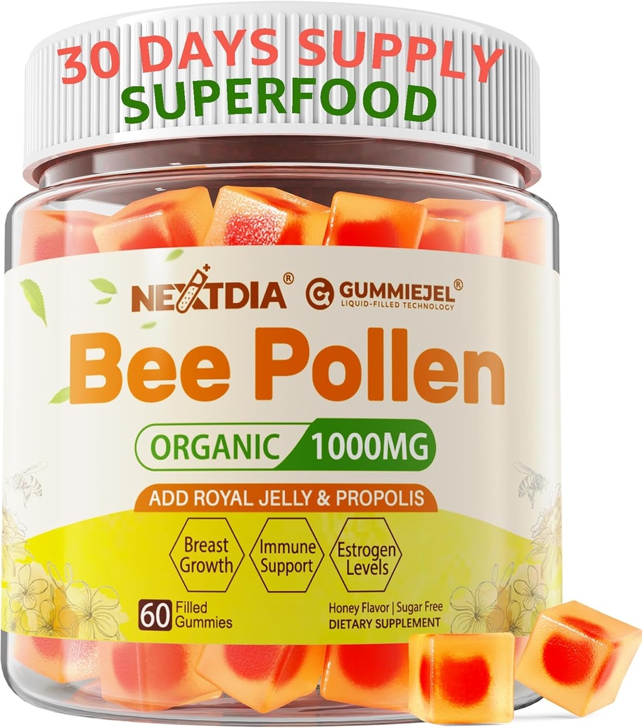 Arı Pollen Organik 1000 mg, w/Propolis, Royal Jelly, Sugar Free Bee Pollen Gummies Rich in B-Vitamin, Antioksis, Amino Asits, Bee Pollen Supplement for Energy, Skin & Immune (1 Pack)