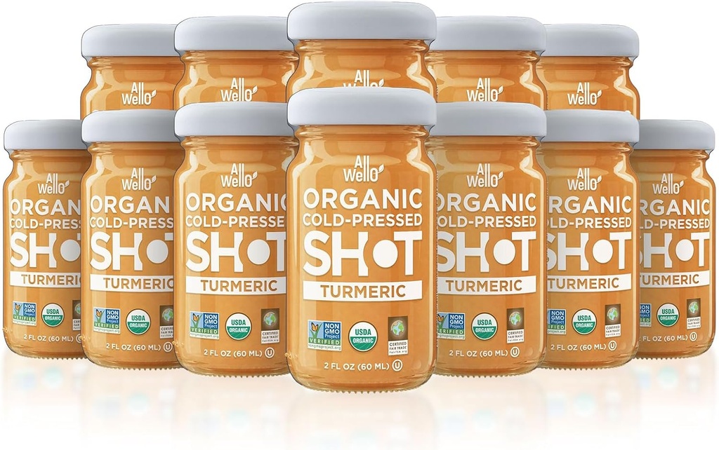 ALLWELLO Cold-Pressed Turmeric Shot, 60 mL, USDA Organik Immune ATM ile Natu-RAL (12 PK, Turmeric)