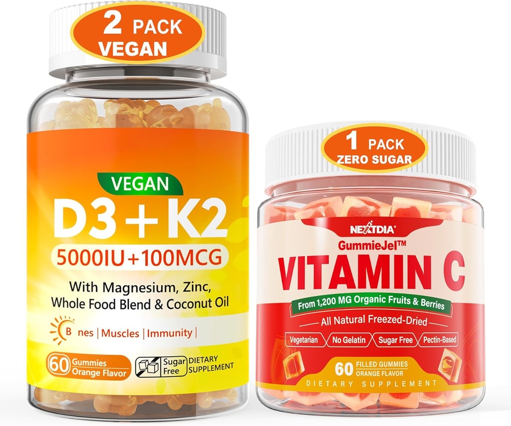 2 Pack Vegan Vitamin D3 5000IU K2 Gummies+ 1 Pack Tüm Gıda Vitaminleri C Gummies