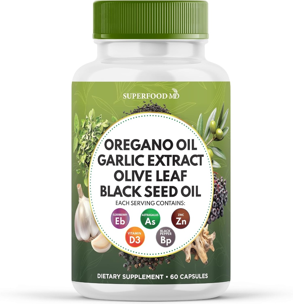 Superfood MD Oregano Oil Garlic Extract Olive Leaf Black Seed Oil Astragalus- for Women and Men- 60 Count