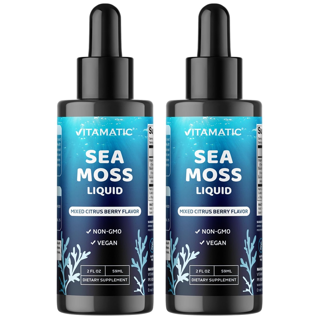 Vitamatic 2 Packs Liquid Organic Irish Sea Moss - Bladderwrack & Burdock Root - hizmet başına 2800 mg - 2 FL OZ - Seamoss Total 4 ozz