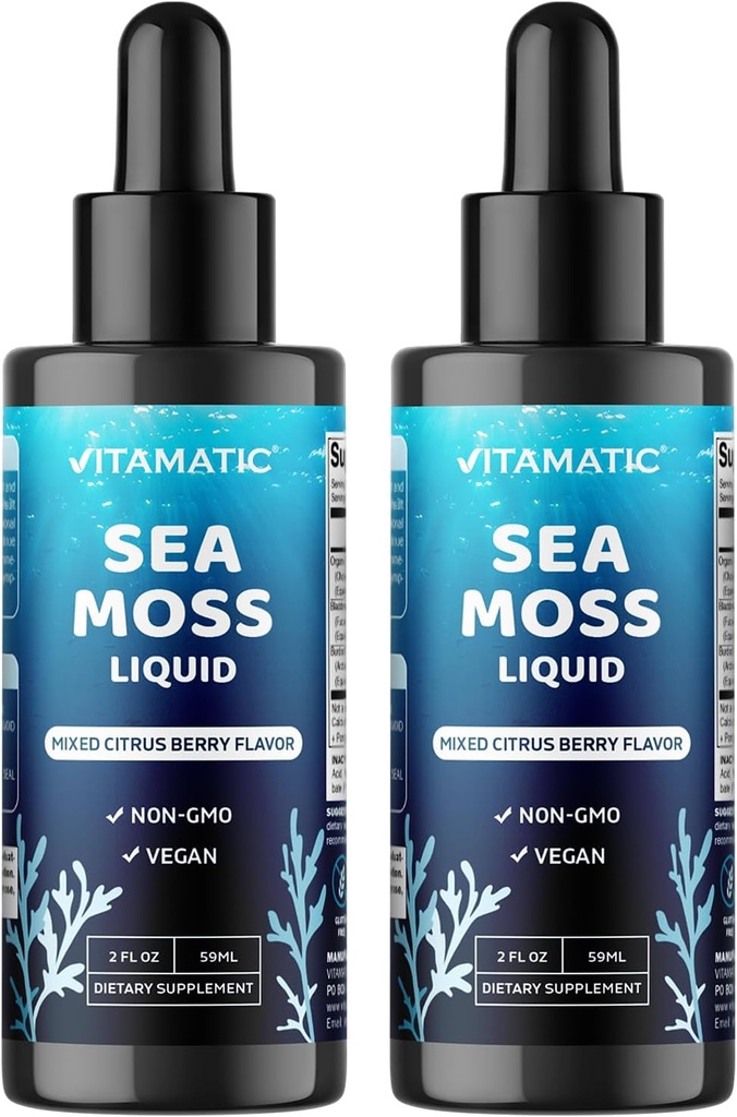 Vitamatic 2 Packs Liquid Organic Irish Sea Moss - Bladderwrack & Burdock Root - hizmet başına 2800 mg - 2 FL OZ - Seamoss Total 4 ozz