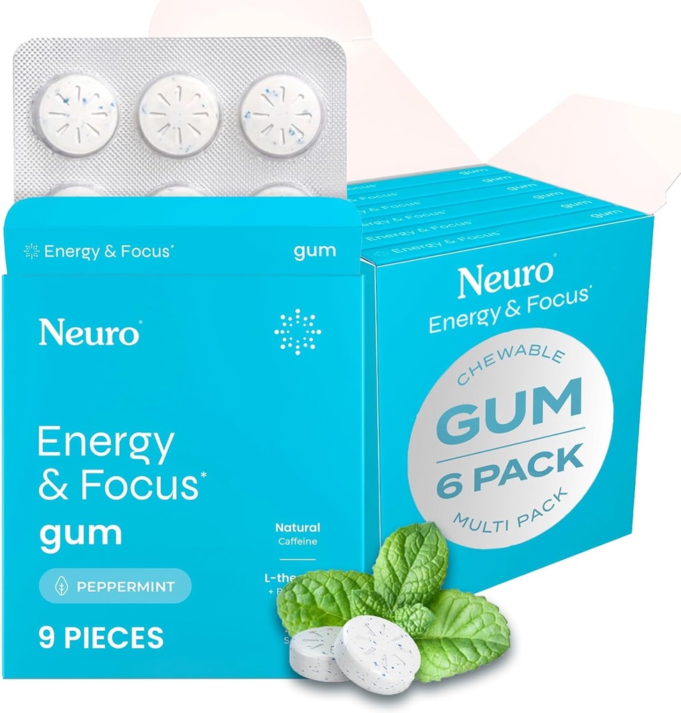 NeuroGum Energy & Focus Gum (54 Count-6 Pack, Peppermint) | 40 mg Natural Caffeine + L-Theanine + Vitamin B12 & B6 + Xylitol | Sugar Free Nootropic Cognitive Brain Performans Tamamlayıcı