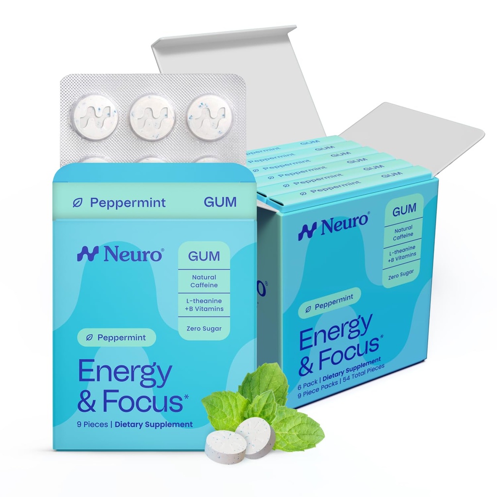 NeuroGum Energy & Focus Gum (54 Count-6 Pack, Peppermint) | 40 mg Natural Caffeine + L-Theanine + Vitamin B12 & B6 + Xylitol | Sugar Free Nootropic Cognitive Brain Performans Tamamlayıcı
