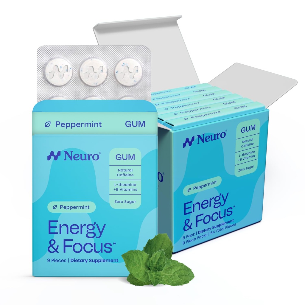 NeuroGum Energy & Focus Gum (54 Count-6 Pack, Peppermint) | 40 mg Natural Caffeine + L-Theanine + Vitamin B12 & B6 + Xylitol | Sugar Free Nootropic Cognitive Brain Performans Tamamlayıcı