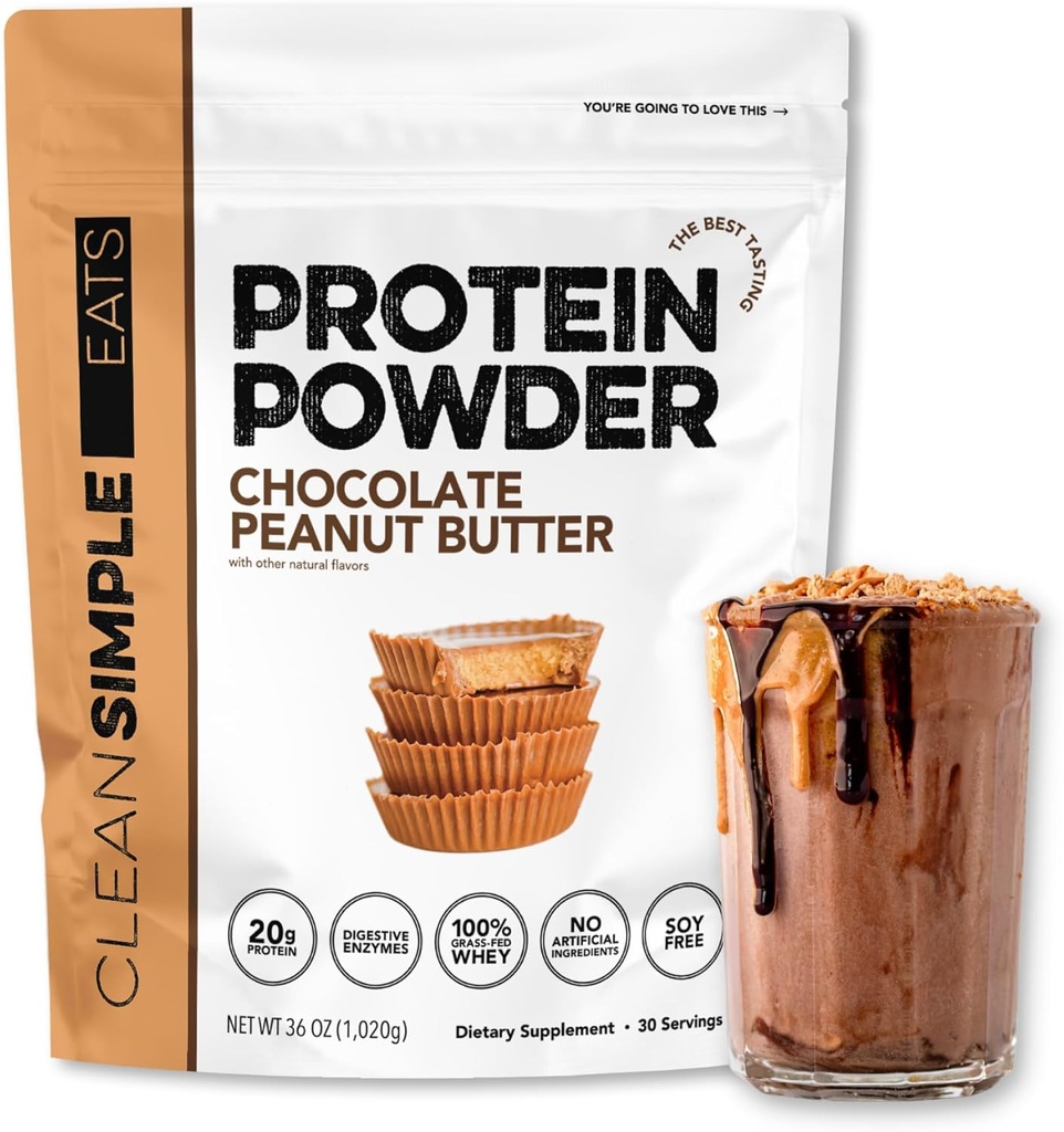 Temiz Basit Yemekler Whey Protein Tozu, Chocolate Peanut Butter Flavor Doğal olarak Tatlıladı, 100% Grass Fed Protein Tozu Digestive Enzymes & No Yapay Malzemeler, Gluten Free, 30 Servisler
