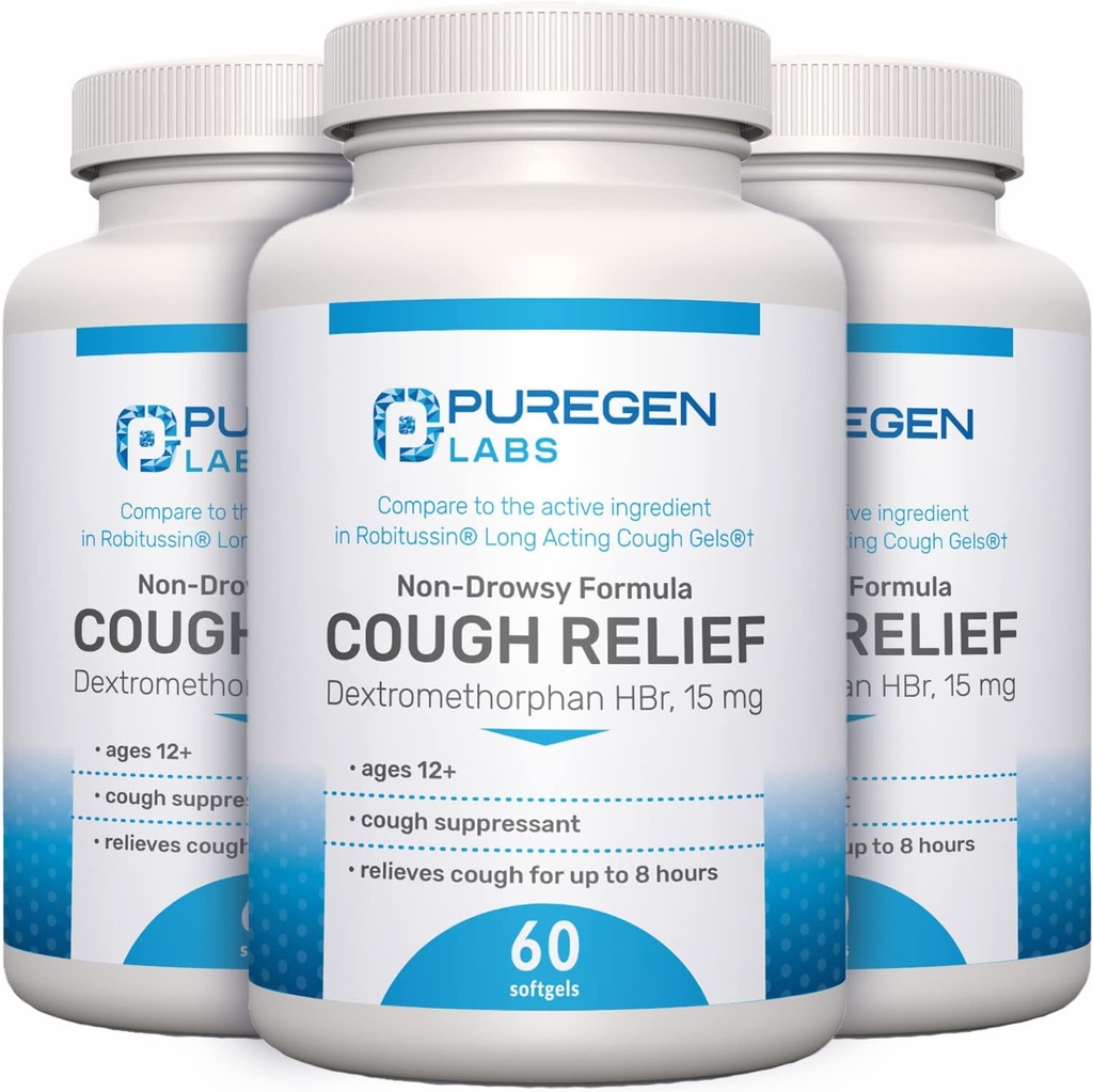P Puregen Laboratuvarları Yetişkinler Dextromethorphan HBr 15mg | 8 Saat, Non-Drowsy, Long-Lasting Bronchial Suppressant | 12+ | Robafen ve Robitussin - 3 Pack | Toplam 180 Softgels
