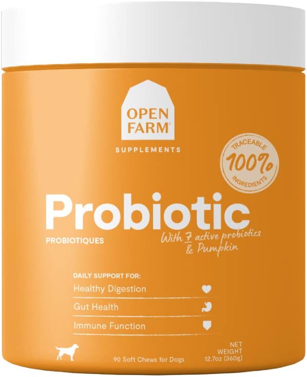 Open Farm Probiotic Chews, συμπλήρωμα σκύλων, Βιταμίνες σκύλου, υποστηρίζει την κανονική κίνηση της χλωρίδας και του εντέρου χρησιμοποιώντας ανιχνεύσιμα και Vet-έγκριση συστατικά, 12.7 oz, 90 κόμης