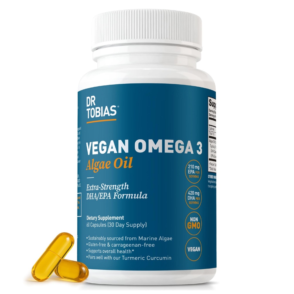 Dr. Tobias Vegan Omega 3 Supplement, 1400 mg Algae Oil, 420 mg DHA, ve 210 mg EPA, Gluten-Free, Carrageenan-Free, 60 Capsules, 30 Hizmetler