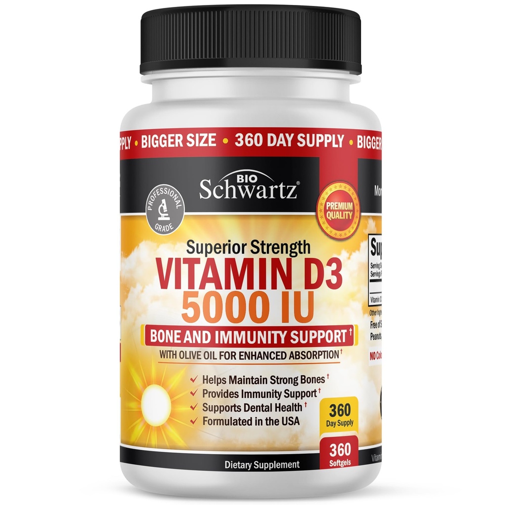 Βιταμίνη D3 5000 IU (125 mcg) Φυσικό συμπλήρωμα ανοσοποίησης, δύναμη των οστών, υγιής λειτουργία των μυών, με ελαιόλαδο για υψηλότερη απορρόφηση, χωρίς γλουτένη και μη GMO, 1 έτος προσφοράς, 360 Softgels
