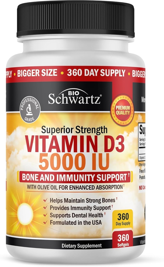 D3 5000 IU (125 mcg) Doğal Immune Support Supplement, Bone Strength, Sağlıklı Kas Fonksiyonları, En yüksek Apsiyon için Zeytinyağı, Gluten Free & Non-GMO, 1 Yıl Supply, 360 Softgels