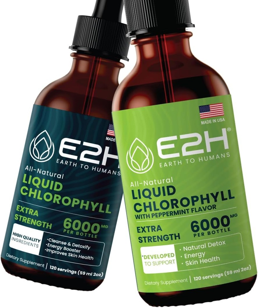 E2H: Liquid Chlorophyll Natural Flavor and Peppermint Flavor | Vegan, Non-GMO - 2 Fl Oz Each (4 Fl Oz Total) - Bundle