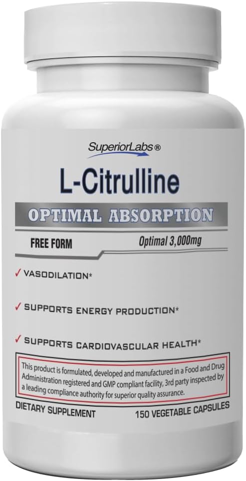 Üstün Laboratuvarlar L-Citrulline 3000 mg, Non-GMO, High-Potency Free-Form Amino Asit, Nitrik Çimento & Vasodilasyon ATM, Pre-Workout Muscle Pump, Endurance, Cardiovascular Support, 150 Veg Caps