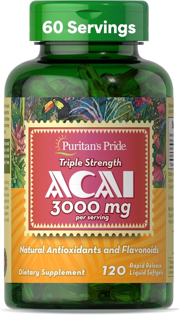 Puritan's Pride Triple Strength Acai 150 MG (3000 mg Equivalent) Antioksi Özellikler ve Flavonoyaklar ile 2 Ay Supply, 120 Hızlı Yayın Sıvı Yumuşakgels