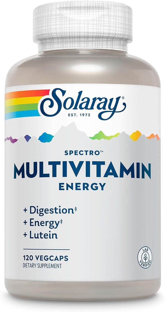 SOLARAY Spectro Energy Multivitamin for Women and Men - Cellular Energy, Digestion, Eye Health and Immune Support - w/Vitamin A, B Complex, CoQ10, Iron, Enzymes, Lutein - 30 Serv, 120 VegCaps