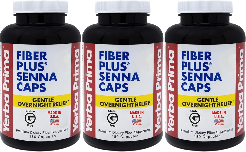 Yerba Prima Fiber Plus Senna Capsules, 180 Count (Pack of 3) - 118 Gün Boyunca Yardım, ABD Made, Non-GMO, for Short-Term Use to Restore Regularity