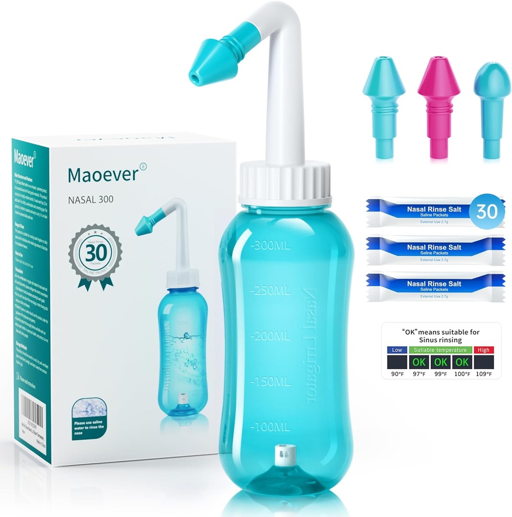 Neti Pot Sinus Rinse Şişe Nose Temiz Basınç Rinse Nasal Irrigation for Adult & Kid BPA Free 300 ML with 30 Nasal Wash Salt Packets and Version Thermometer