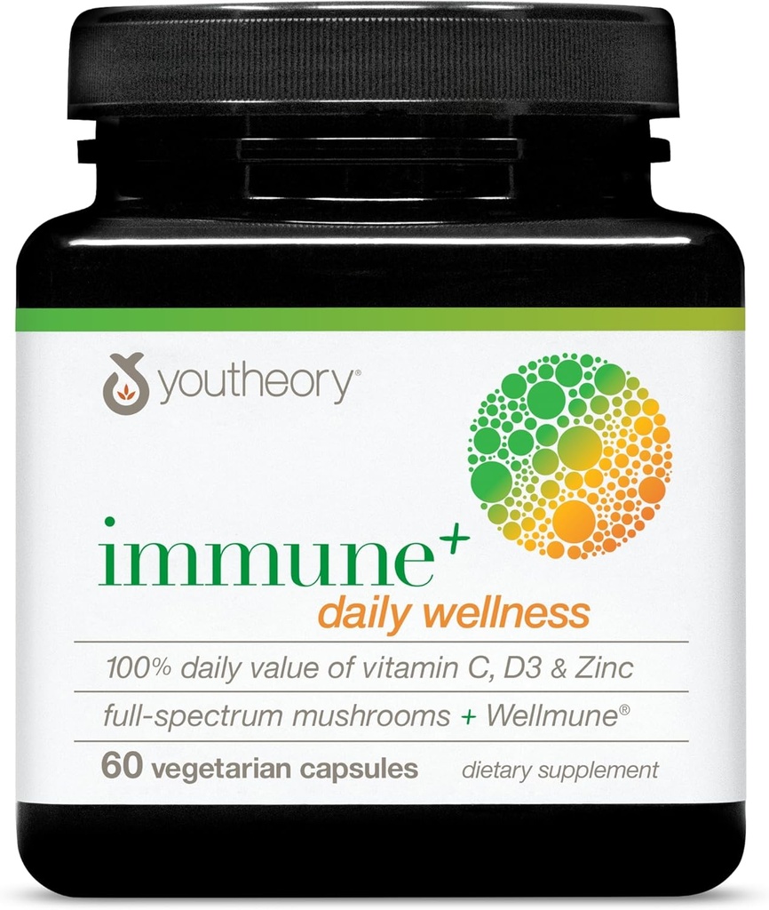Youtheory Immune+ Daily Wellness - Συμπλήρωμα υποστήριξης για χορτοφάγους με βιταμίνη C, βιταμίνη D3 και ψευδάργυρο* - Συμπλήρωμα μανιταριών με ουρά Τουρκίας, κορδύποδες & Reishi - 60 Καπάκια χορτοφαγικής