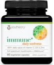 Youtheory Immune+ Daily Wellness - Συμπλήρωμα υποστήριξης για χορτοφάγους με βιταμίνη C, βιταμίνη D3 και ψευδάργυρο* - Συμπλήρωμα μανιταριών με ουρά Τουρκίας, κορδύποδες & Reishi - 60 Καπάκια χορτοφαγικής