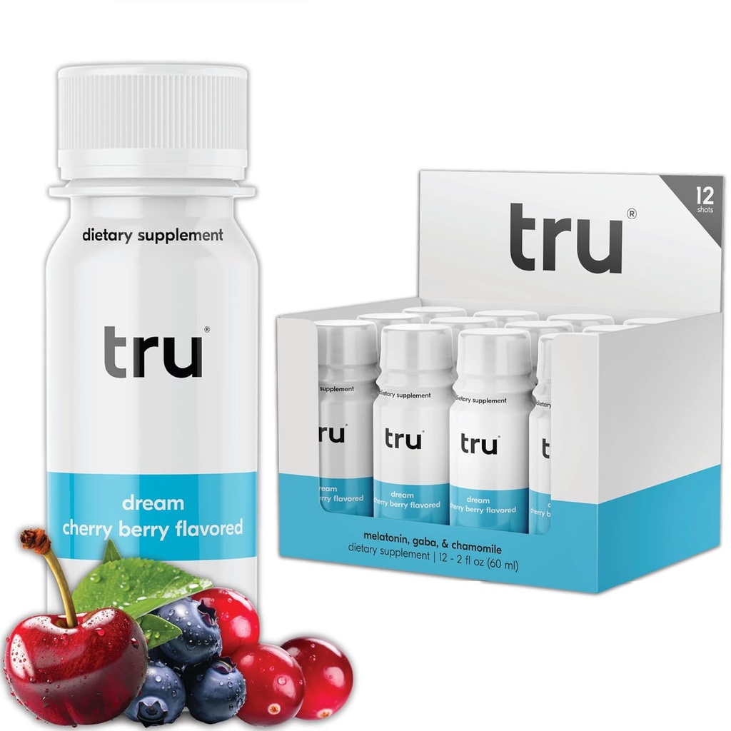 Tru Dream Shot, Extra Strength Sleep Supplement with Melatonin, GABA, Chamomile & Magnezyum, Cherry Berry Flavored Wellness Drink, Gluten Free, Vegan, Caffeine & Sugar Free, 2 FL OZ Şişes, 12 Pack