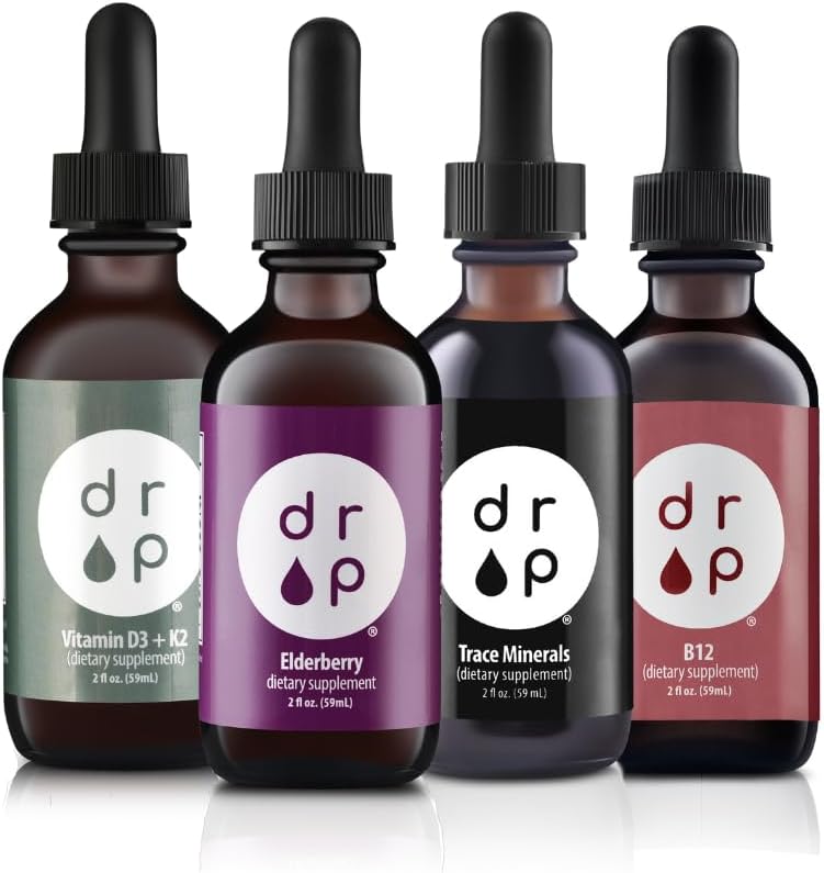 Drop Supplements Organic Trace Minerals, Elderberry, Vitamin B12 ve Vitamin D3+K2 Drops